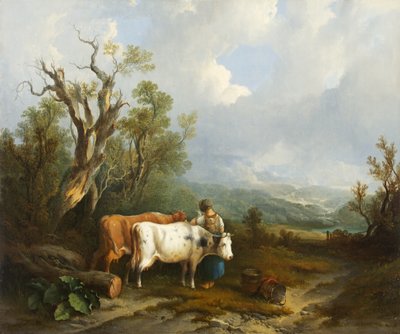 Landscape with cattle and figure of woman by William Snr. Shayer